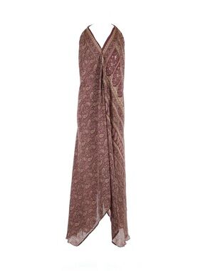 Paisley Wrap Maxi Dress Mauve Brown Bohemian Elegant Draped Resort Statement